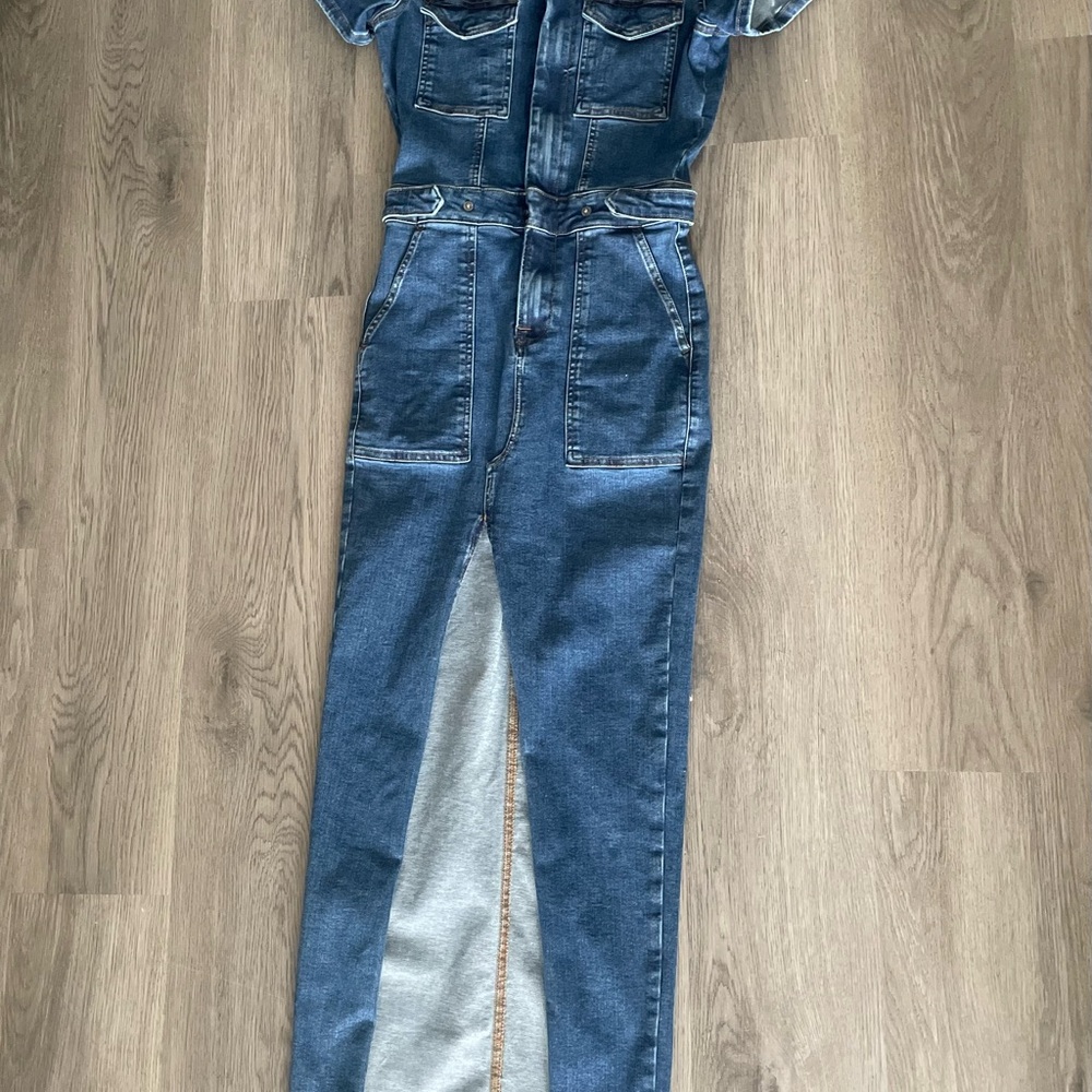 Good American Blue Denim Jumpsuit with Short Sleeves